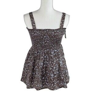 Rungolee Tahiti Floral Smocked Silk Top Blue Coffee Sleeveless Boho op NEW Sz S